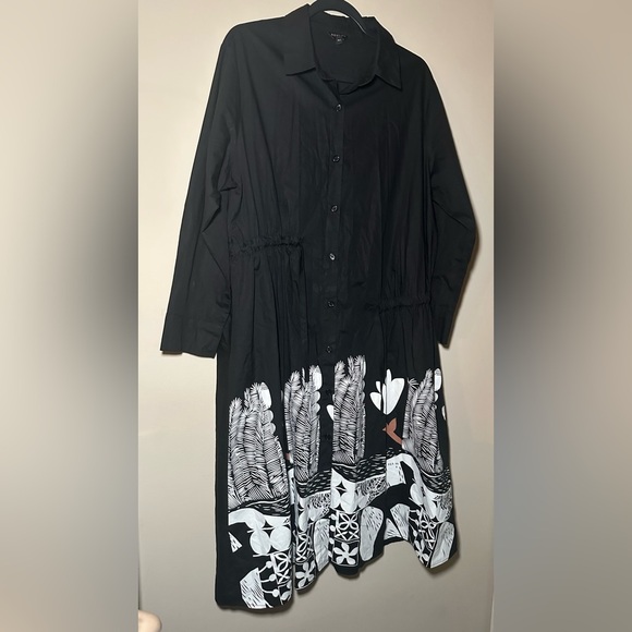Beulah Style One Size Printed Black Long Sleeve Modest Button Front Midi Dress - Picture 2 of 15